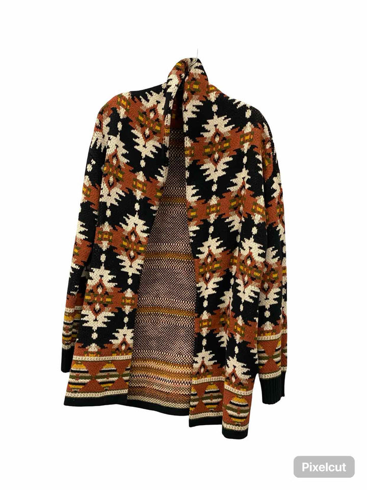 Lucky Brand Size S Orange Black Geometric Sweater