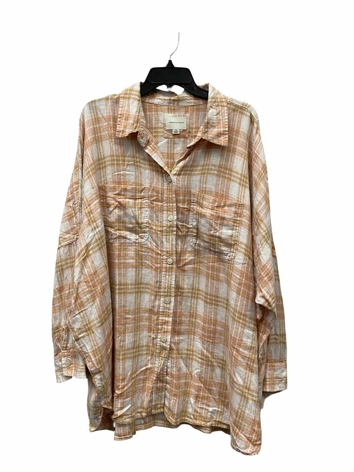 American Eagle Size L Light orange White Plaid Long Sleeve Shirts
