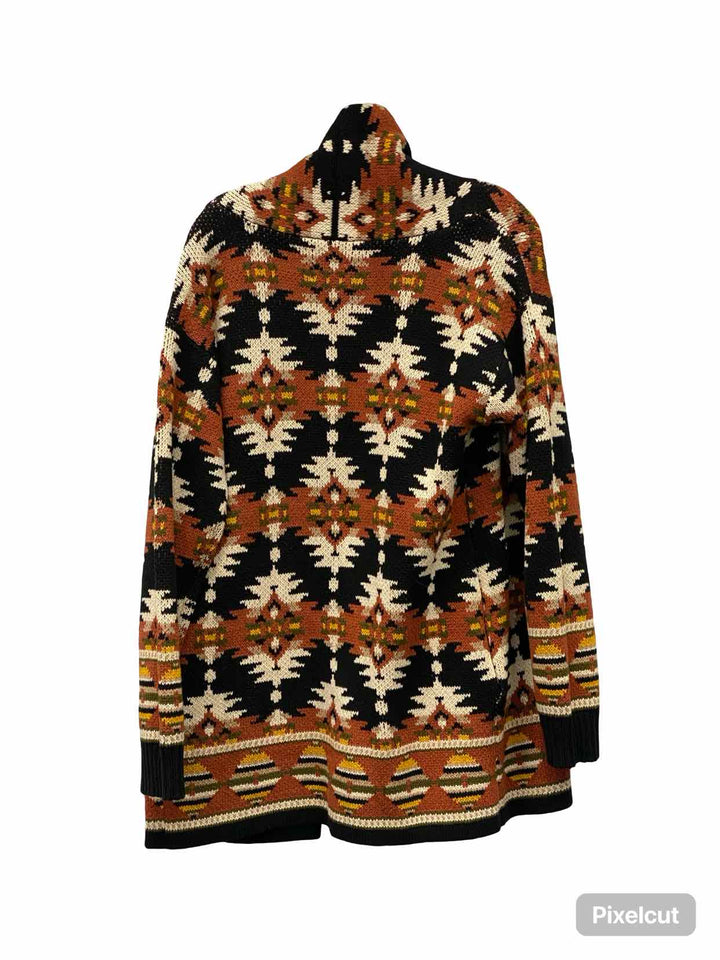 Lucky Brand Size S Orange Black Geometric Sweater