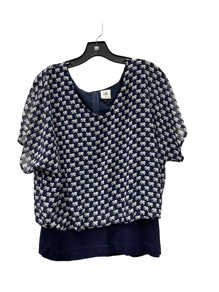 Cabi Size M Navy Blue White Elephants Short Sleeve Shirts