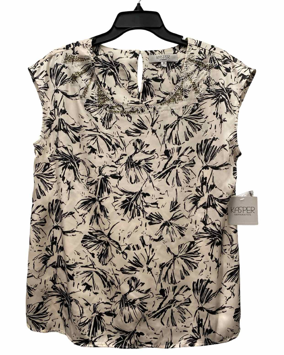 Kasper Size M Beige Black Floral Short Sleeve Shirts