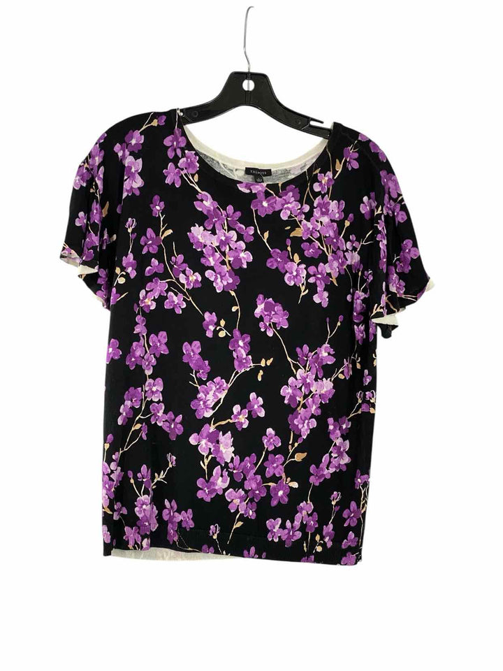 Talbots Size S Black Purple Floral Short Sleeve Shirts