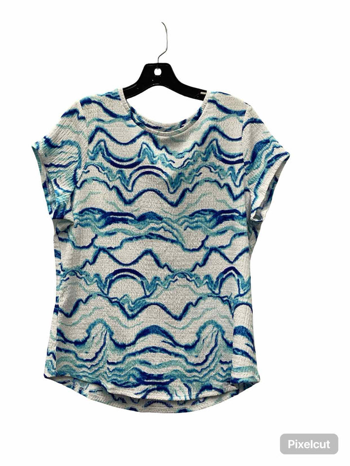 Chico's Size L White Blue Print Short Sleeve Shirts
