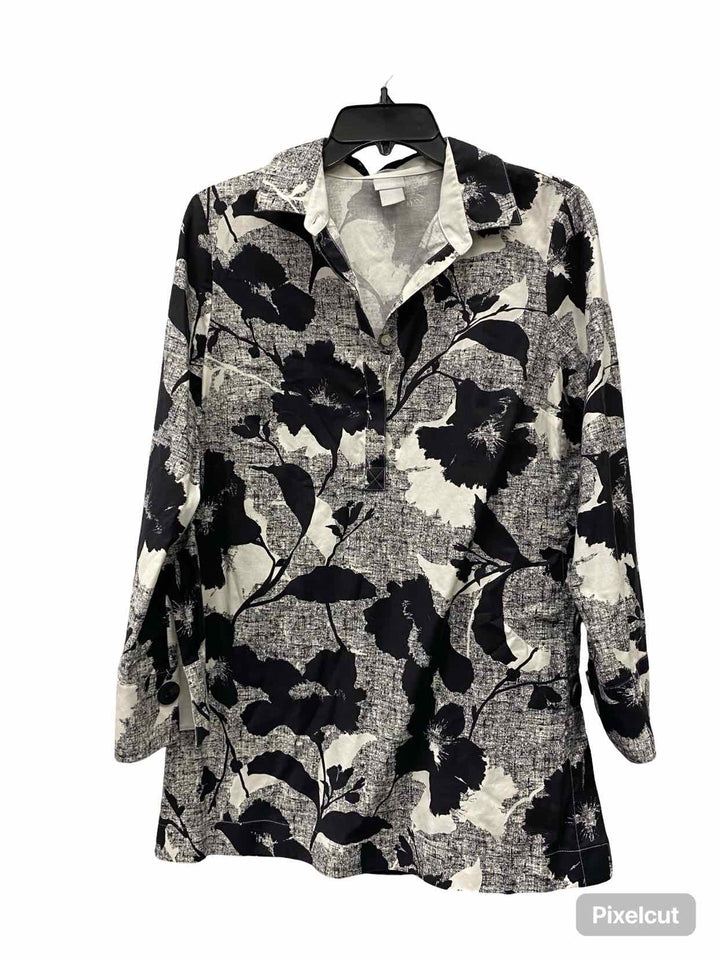 Chico's Size 0 Black White Print Long Sleeve Shirts