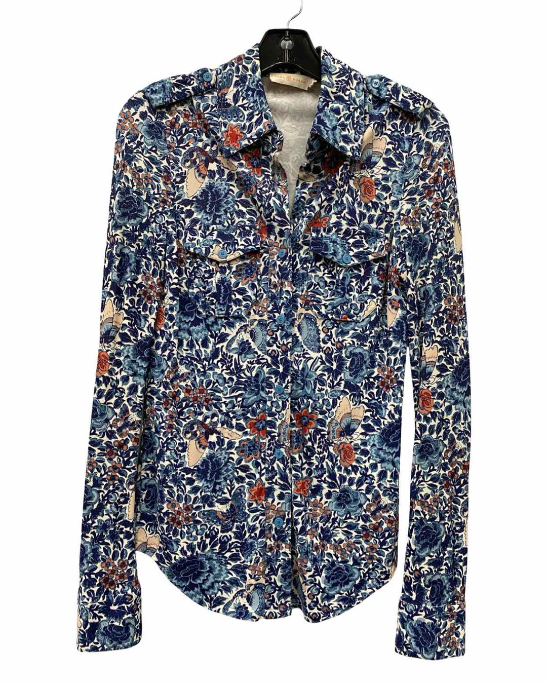 Tory Burch Size S Blue Floral Long Sleeve Shirts