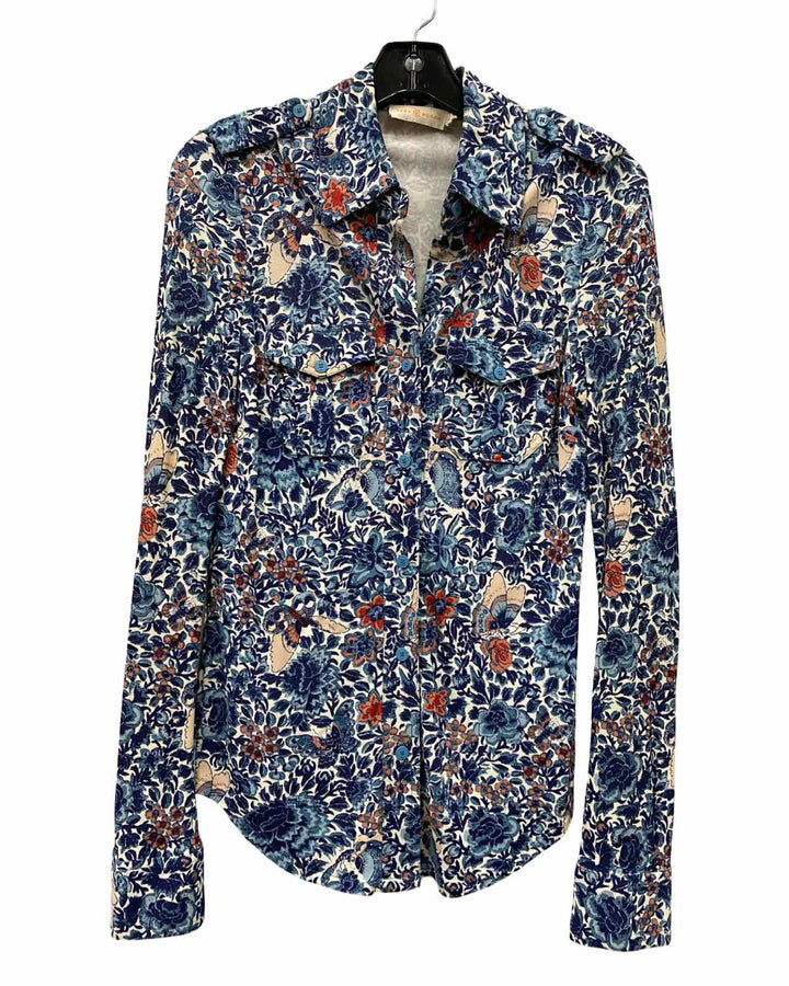 Tory Burch Size S Blue Floral Long Sleeve Shirts