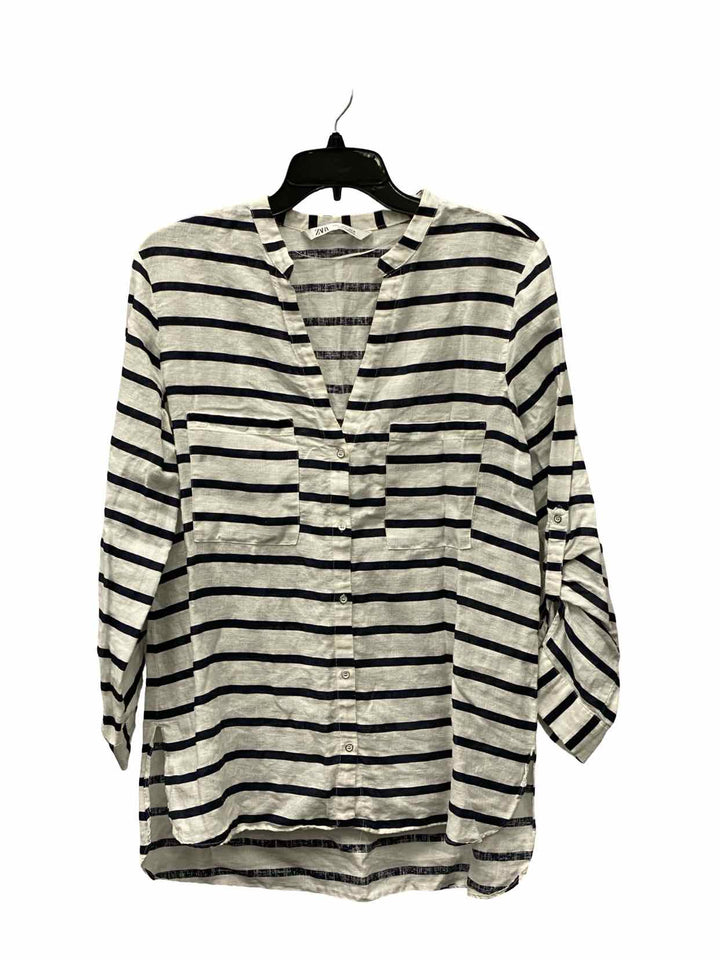 ZARA Size L White Blue Striped Long Sleeve Shirts