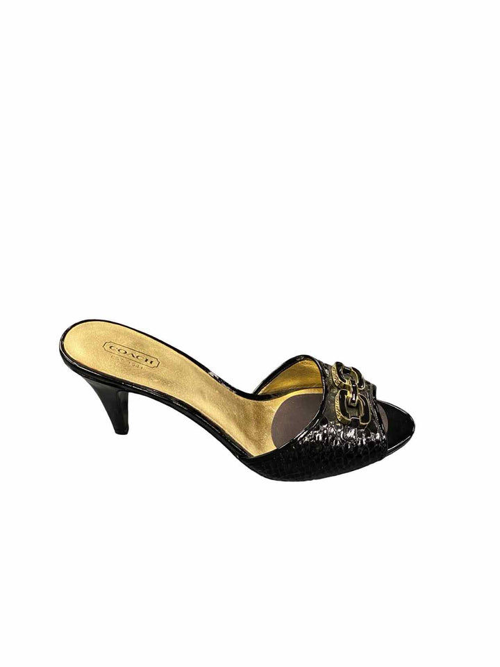 COACH Shoe Size 8 Black Gold Leather Hazel Logo Slip On Mule Heels