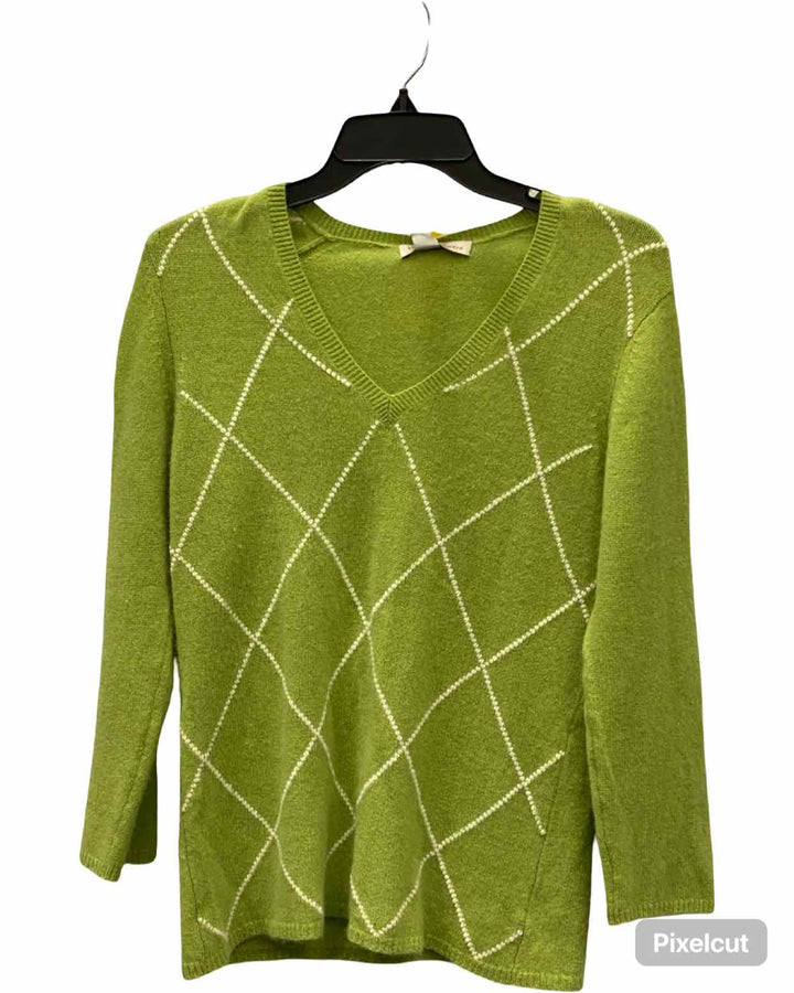 Kinross Size L Green White Print 100% cashmere Sweater