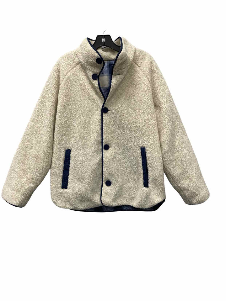 Lands End Size M Cream Sherpa Fleece Blue Plaid Reversible Jacket (Outdoor)