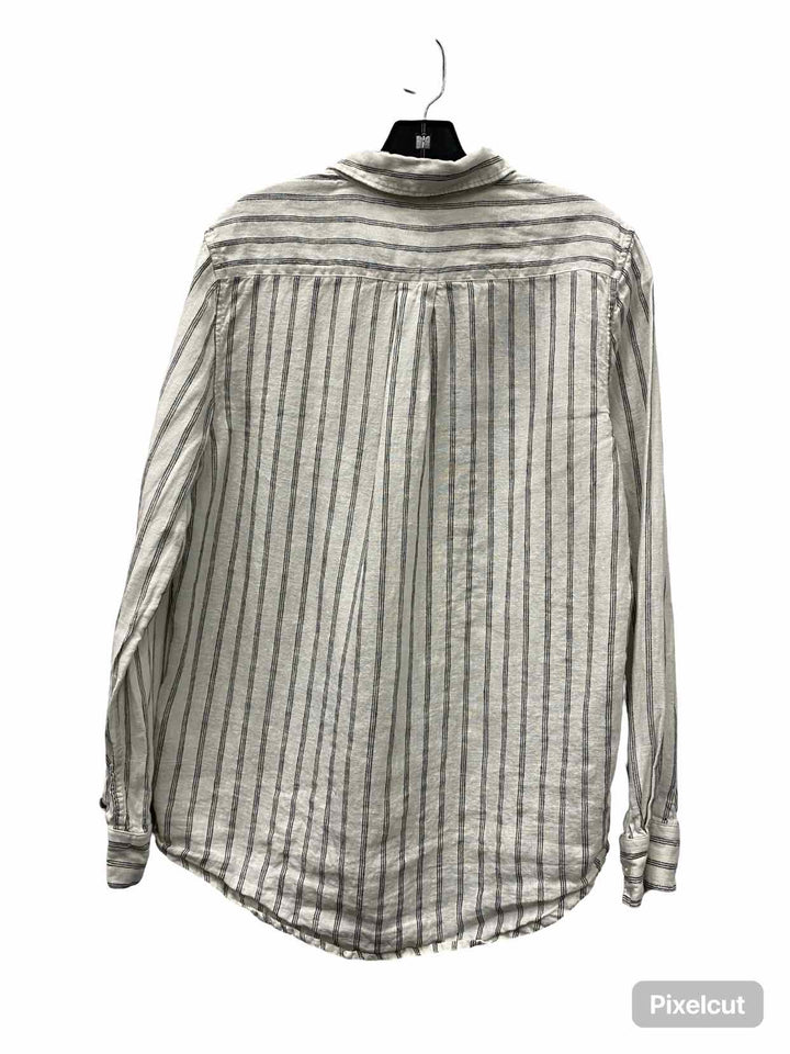 Quince Size M White Blue Stripe 100% Linen Long Sleeve Shirts