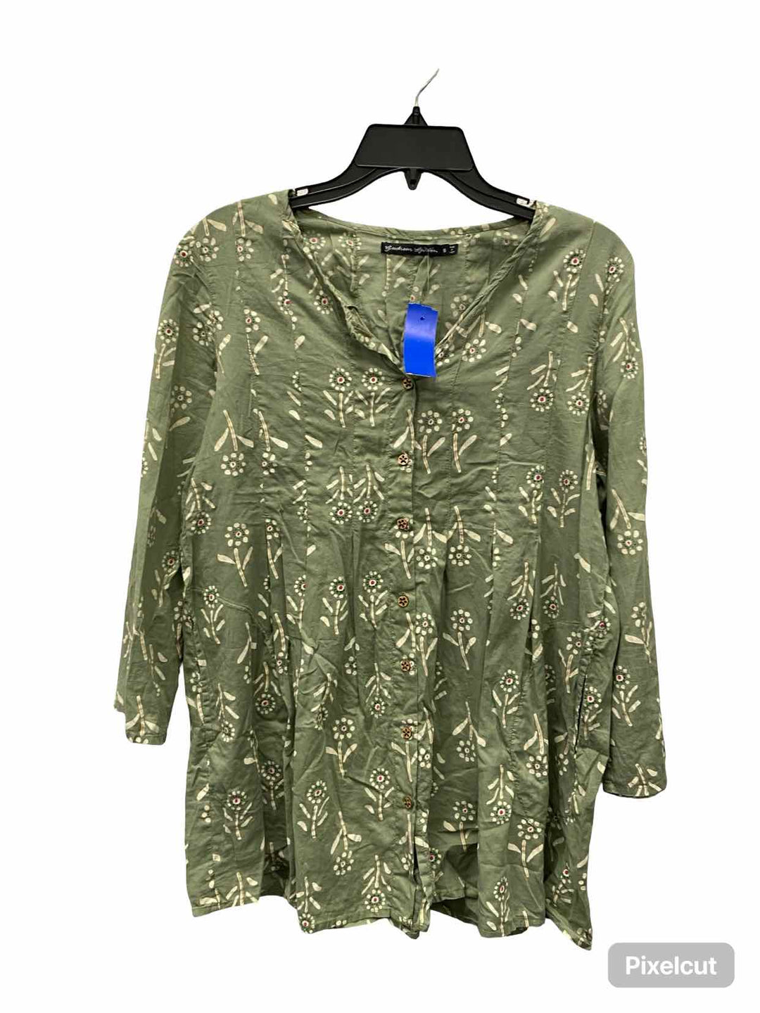 Unknown Brand Size S Green Beige Floral 100% Organic Cotton Long Sleeve Shirts