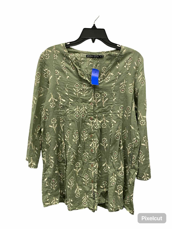 Unknown Brand Size S Green Beige Floral 100% Organic Cotton Long Sleeve Shirts