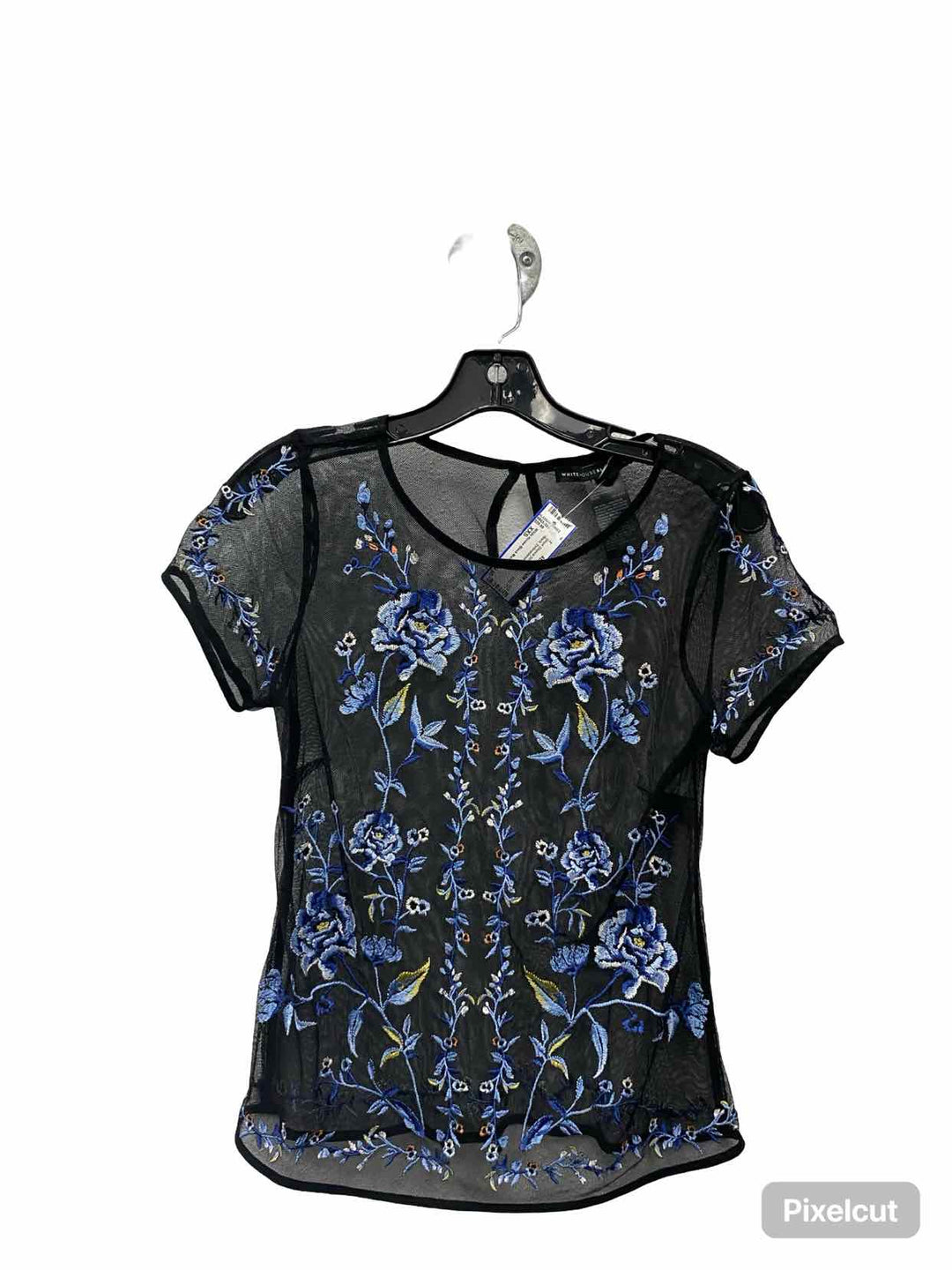White House Black Market Size XXS Black Embroidered Short Sleeve Shirts
