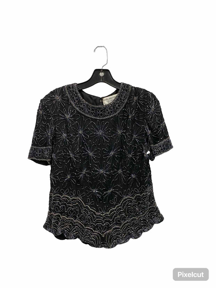 Adriana Papell Size L Black Beaded 100% silk Short Sleeve Shirts