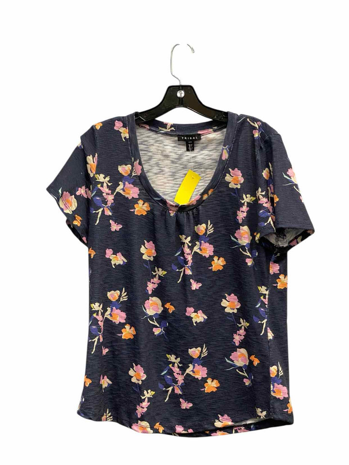 Tribal Size M Blue Multi Floral Short Sleeve Shirts