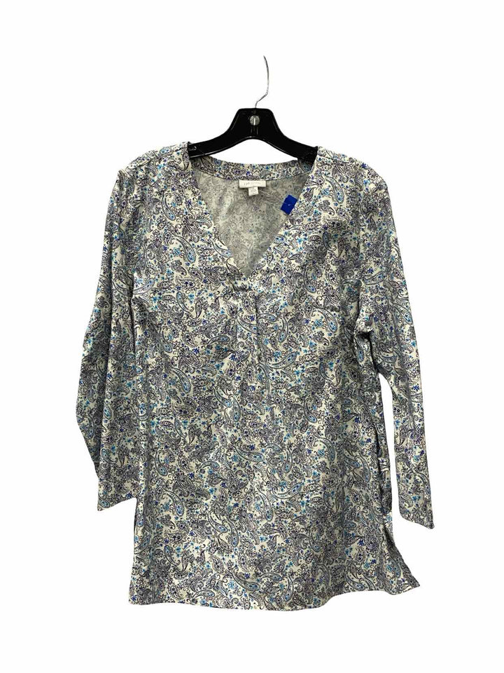 J Jill Size L Blue White Print Long Sleeve Shirts