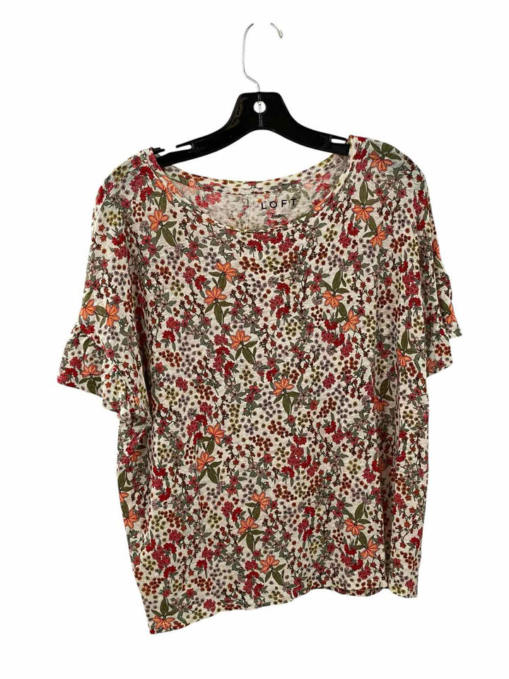 Loft Size L White Red/Orange Floral 100% Linen Short Sleeve Shirts
