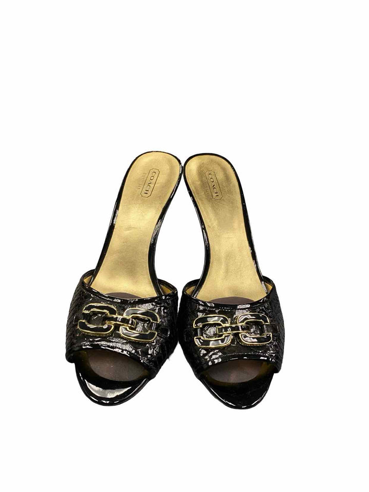COACH Shoe Size 8 Black Gold Leather Hazel Logo Slip On Mule Heels