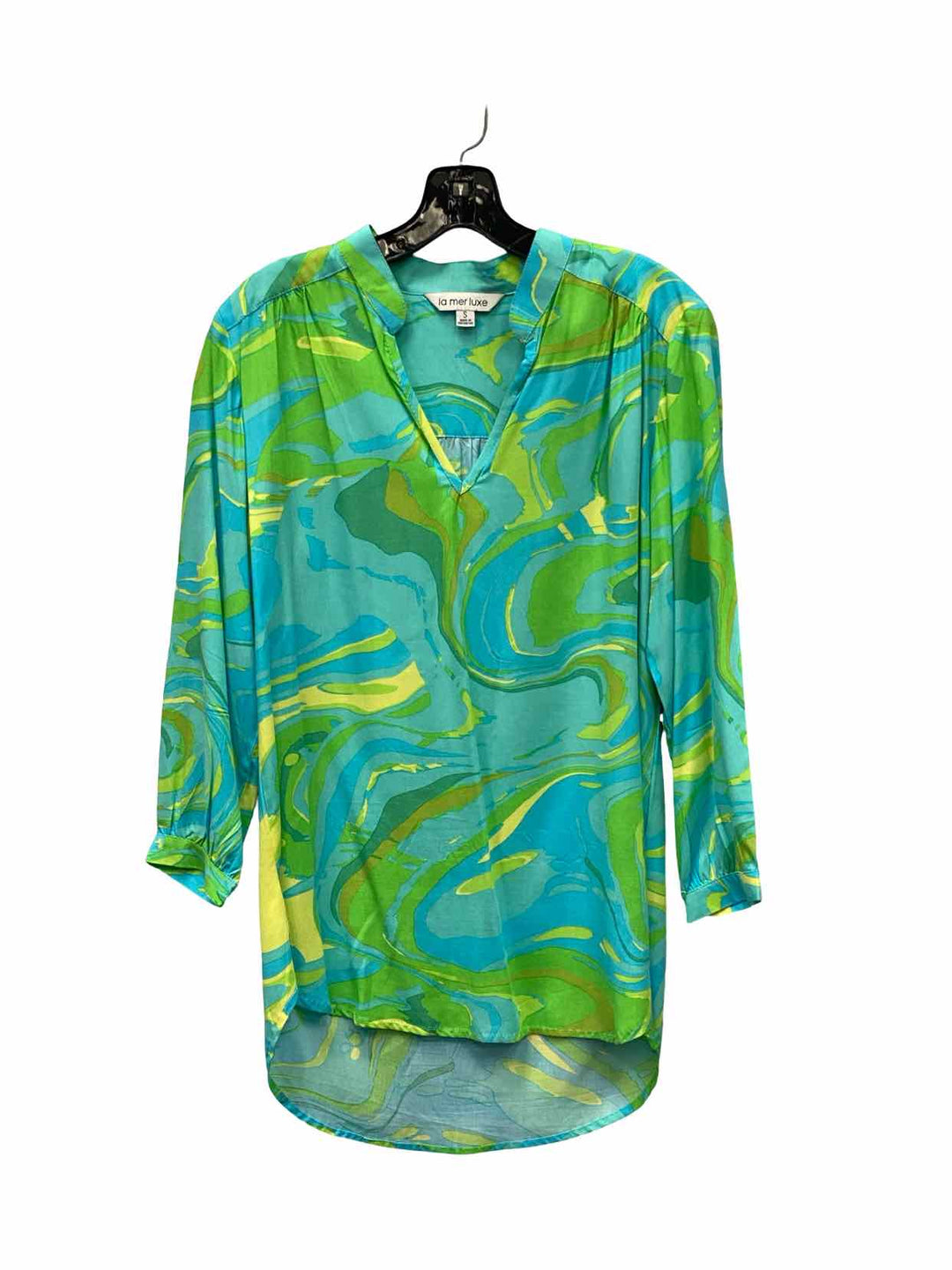La Mer Luxe Size M Blue Green Abstract 100% Rayon Long Sleeve Shirts