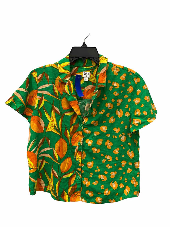 Tabitha Brown Size S Green Orange Cheetah 55% Linen Short Sleeve Shirts