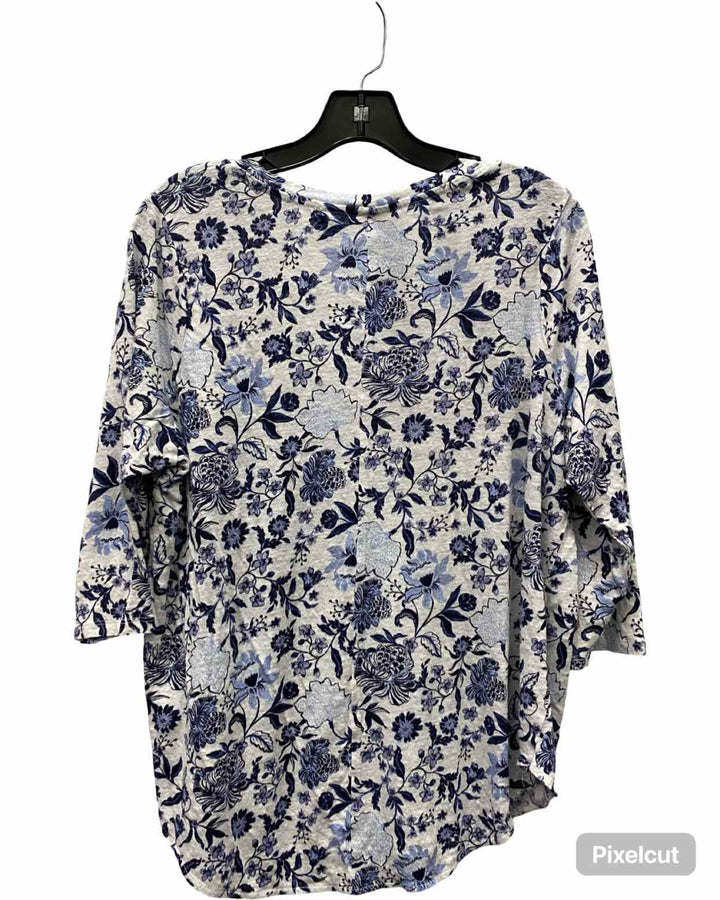 Rachel Zoe Size XL White Blue Floral 100% Linen Long Sleeve Shirts
