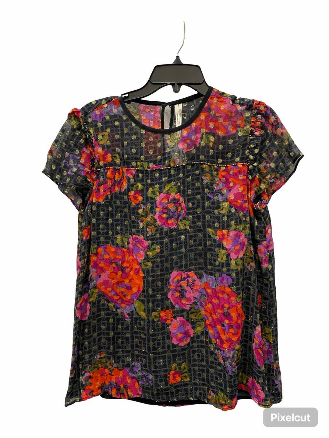 Anthropologie Size 2 Black Multi Print Short Sleeve Shirts