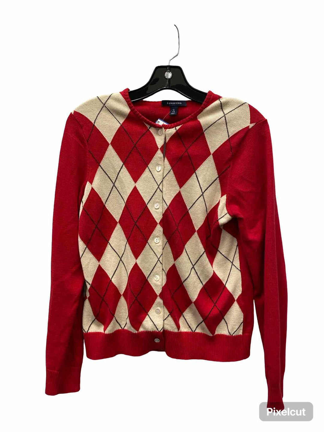 Land's End Size S/P Red Cream Argyle 100% Supima Cotton Sweater