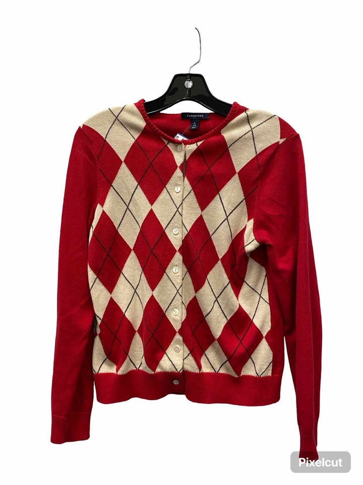 Land's End Size S/P Red Cream Argyle 100% Supima Cotton Sweater