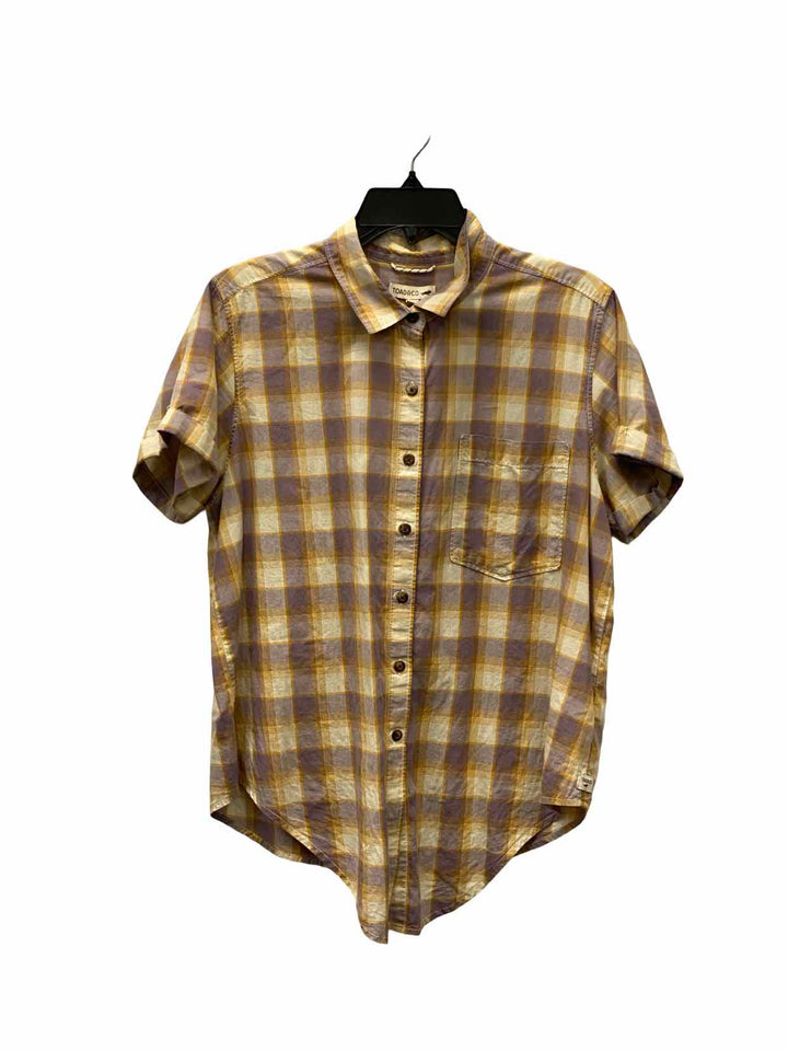 Toad & Co. Size L Yellow Purple Plaid 100% cotton Short Sleeve Shirts