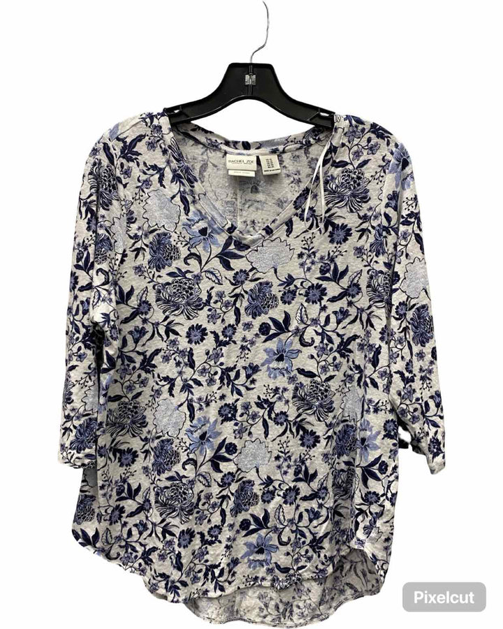 Rachel Zoe Size XL White Blue Floral 100% Linen Long Sleeve Shirts
