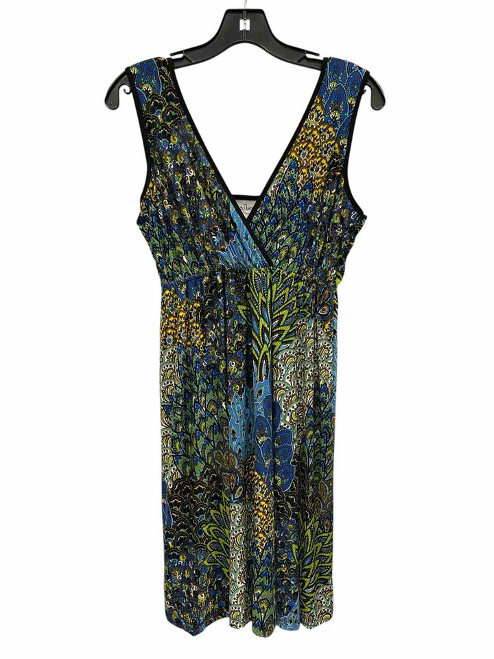 Dream Dance Size L Blue/Green Black Print Dress