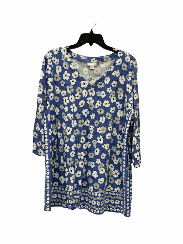 J Jill Size L Blue White Floral Long Sleeve Shirts