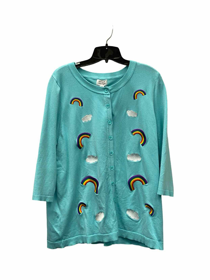 Unique Vintage Size 2X Sky Blue Rainbow Button Up Sweater