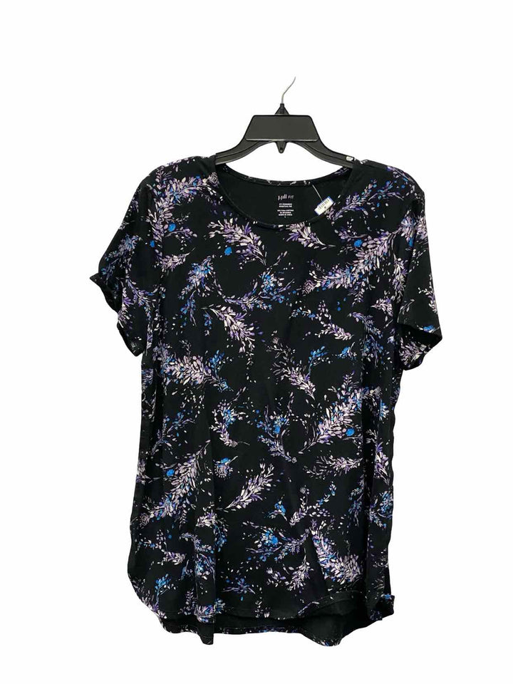 J Jill Size L Purple Black Floral Short Sleeve Shirts