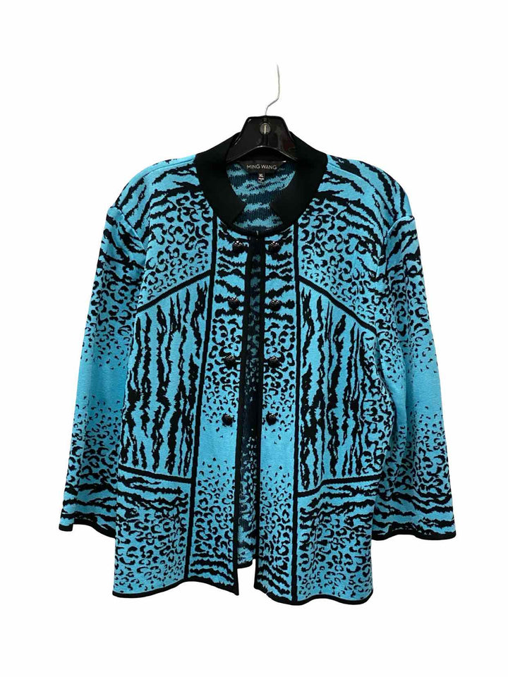 Ming Wang Size XL Blue Black Print Sweater