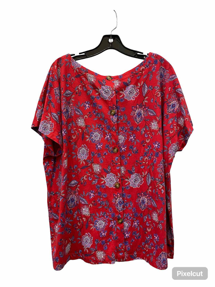 J Jill Size 2X Red Blue Print Short Sleeve Shirts
