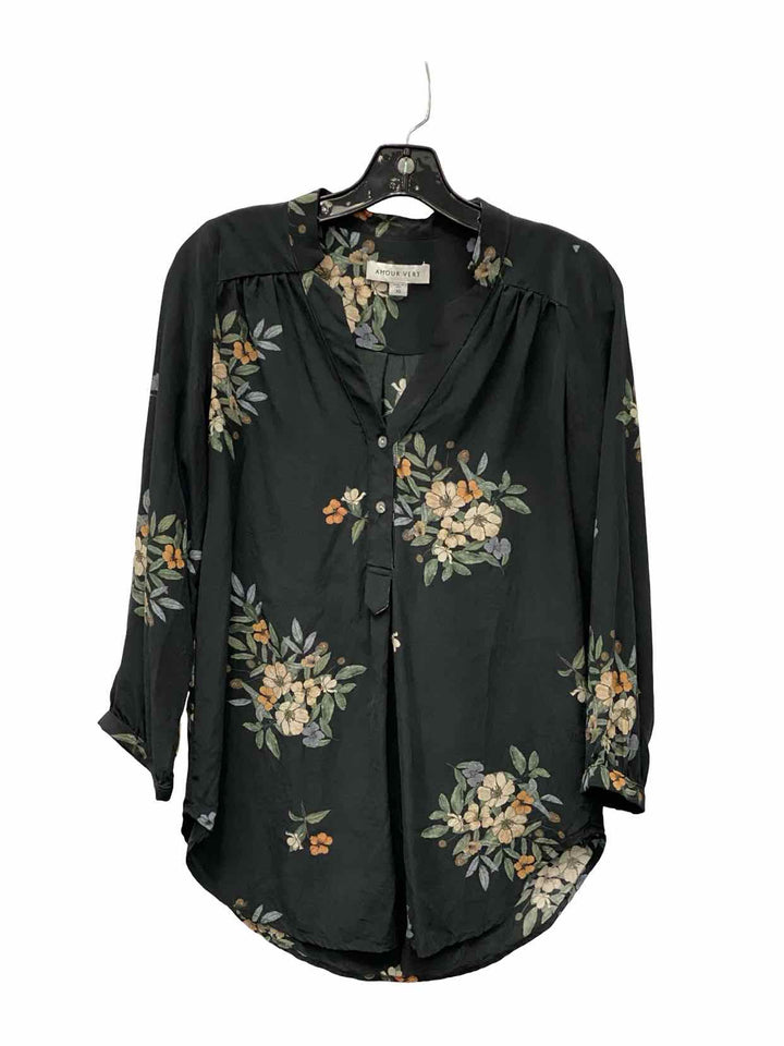 Amour Vert Size XS Black Floral 100% silk Long Sleeve Shirts