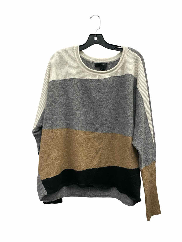 Halston Size XL White Grey Stripe Sweater