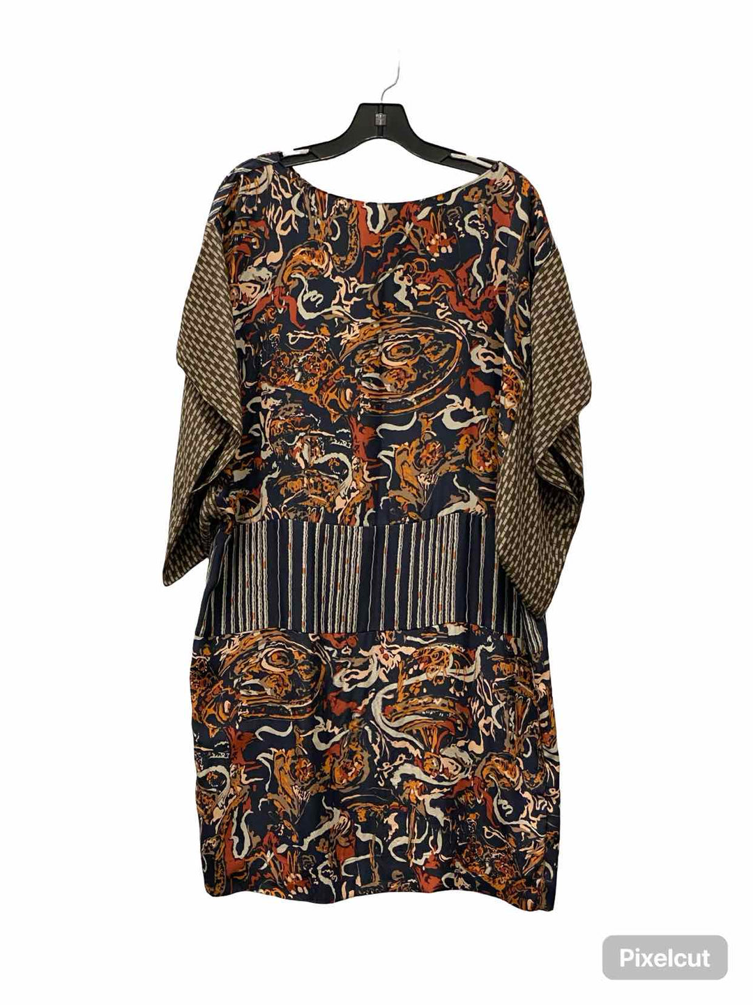 Burning Torch Size L Navy Multi Print 100% silk Dress