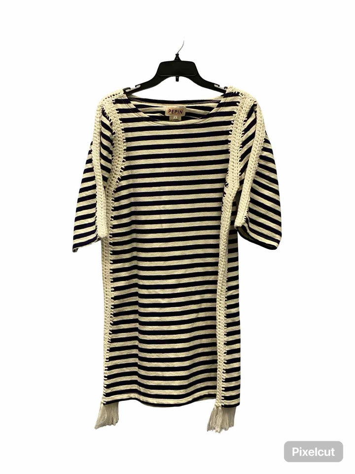 PEPIN Size L Navy White Stripe Dress