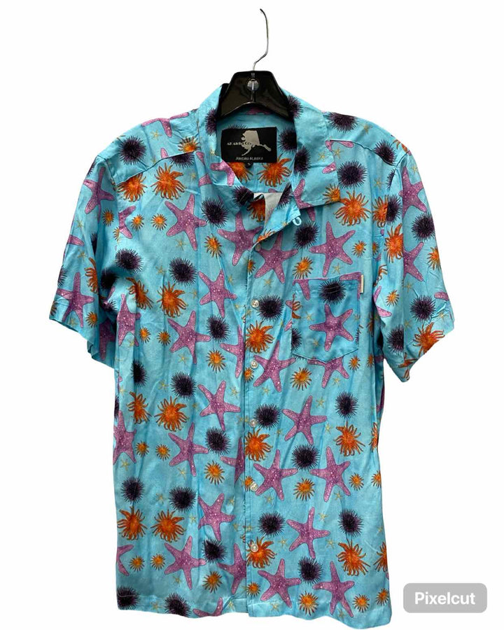 AK Aloha Co. Size M/L Blue Purple & Orange Print Short Sleeve Shirts