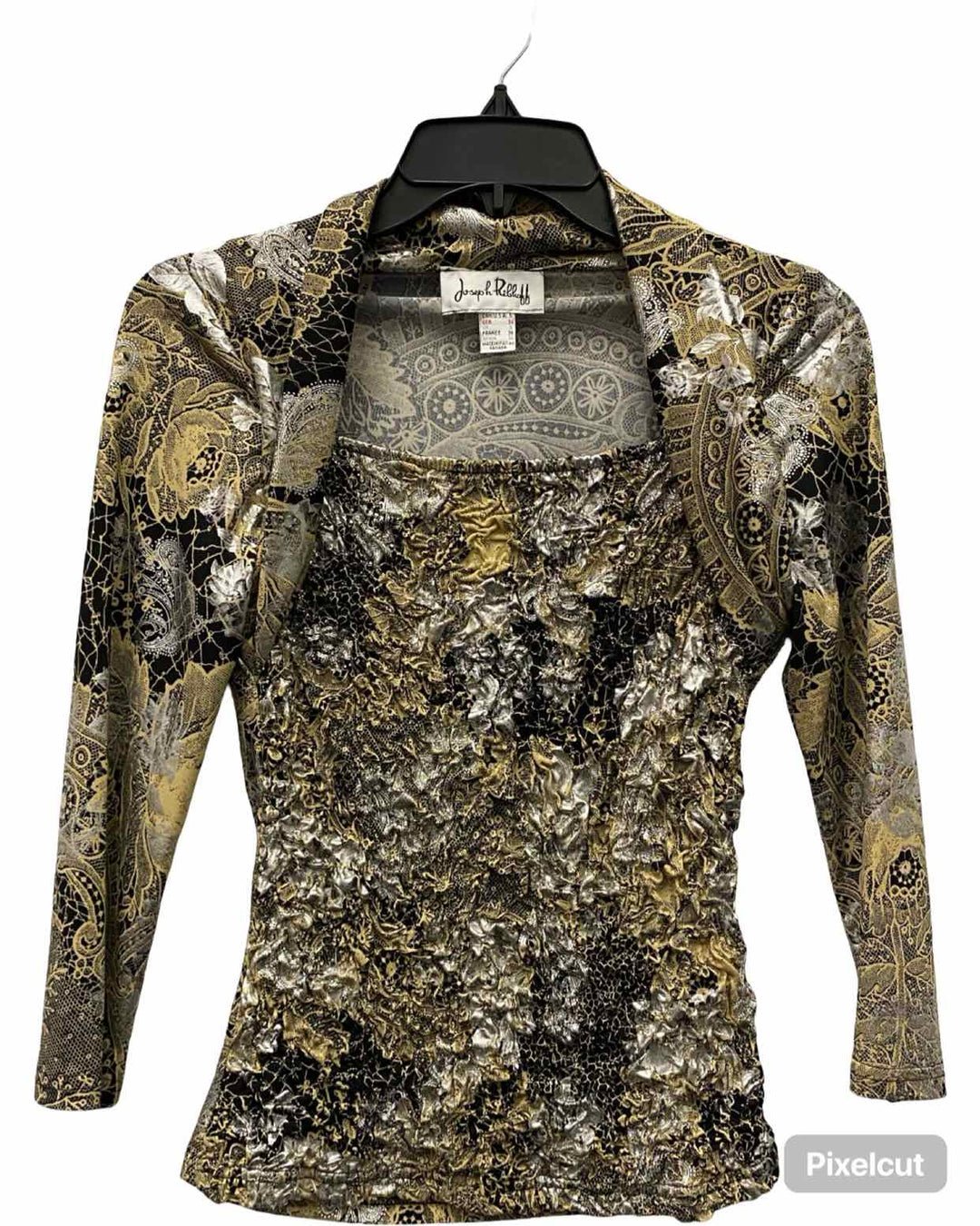 Joseph Ribkoff Size 6 Gold Silver Print Long Sleeve Shirts