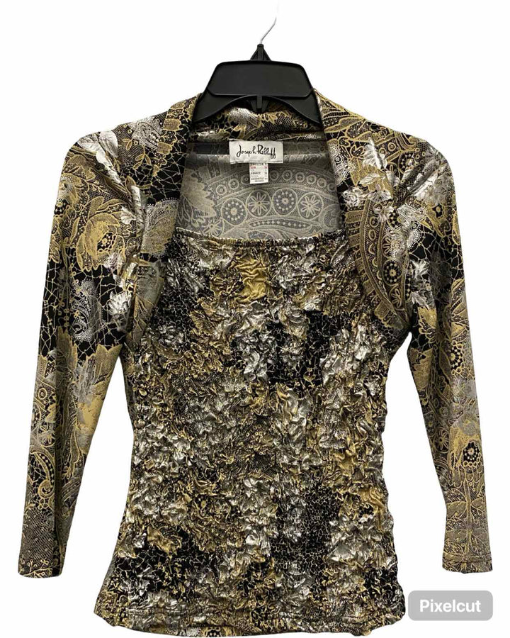 Joseph Ribkoff Size 6 Gold Silver Print Long Sleeve Shirts