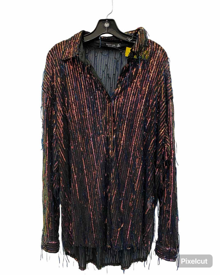 Nasty Gal Size L Blue Pink & Yellow sequined Long Sleeve Shirts