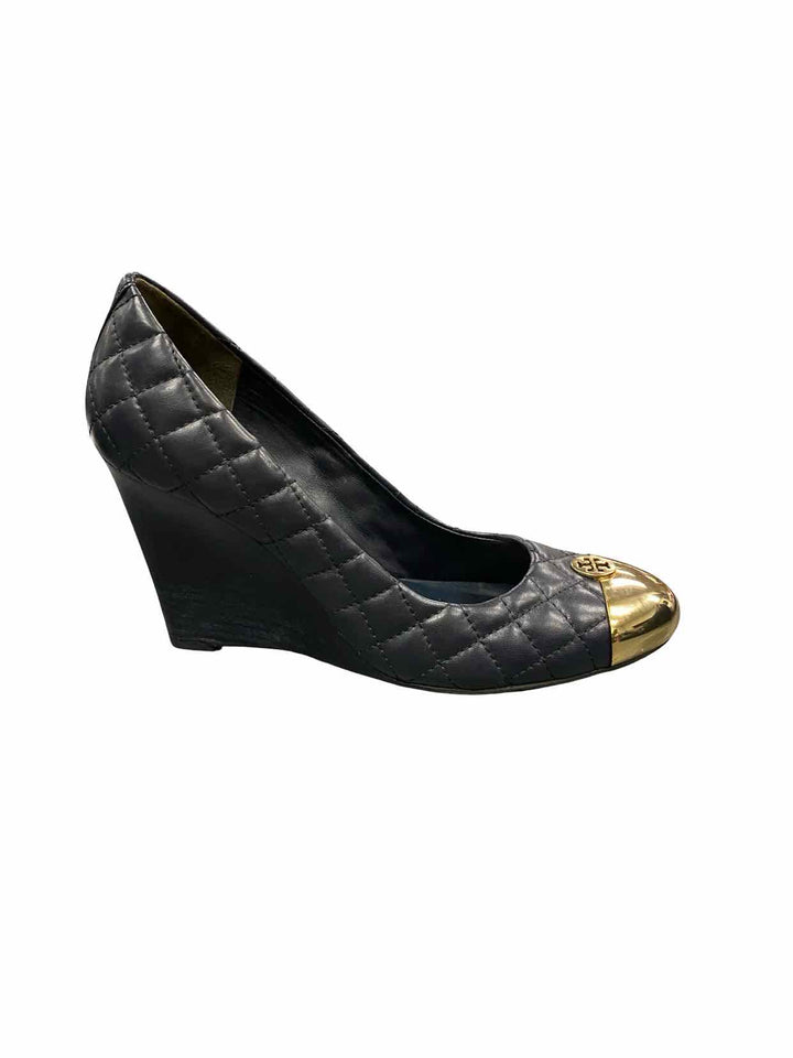 Tory Burch Shoe Size 9.5 Navy Quilted Leather Gold Cap Toe Wedge Heels