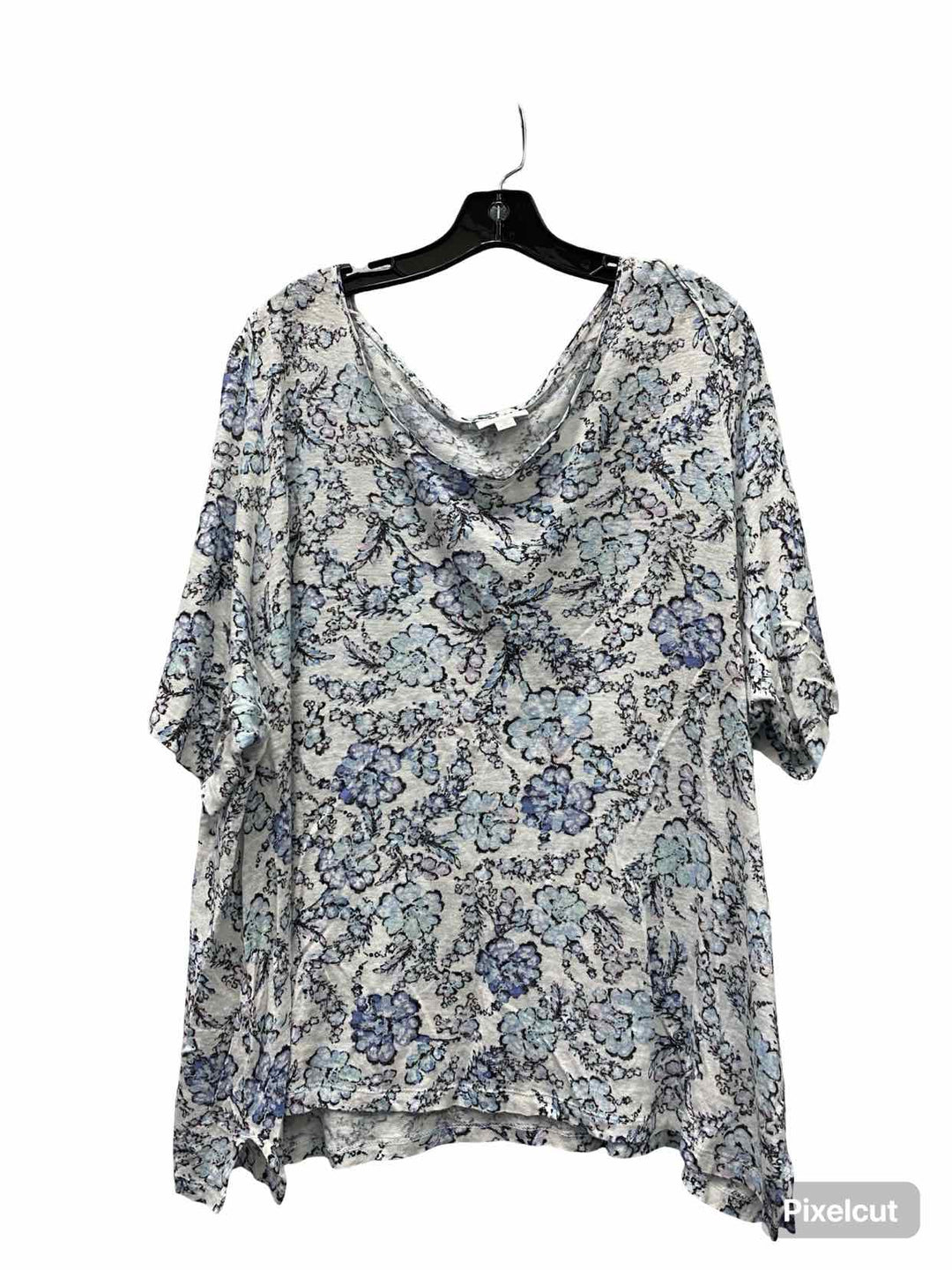 J Jill Size 3X White Blue Floral 100% Linen Short Sleeve Shirts