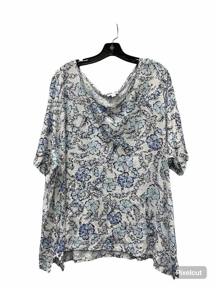 J Jill Size 3X White Blue Floral 100% Linen Short Sleeve Shirts