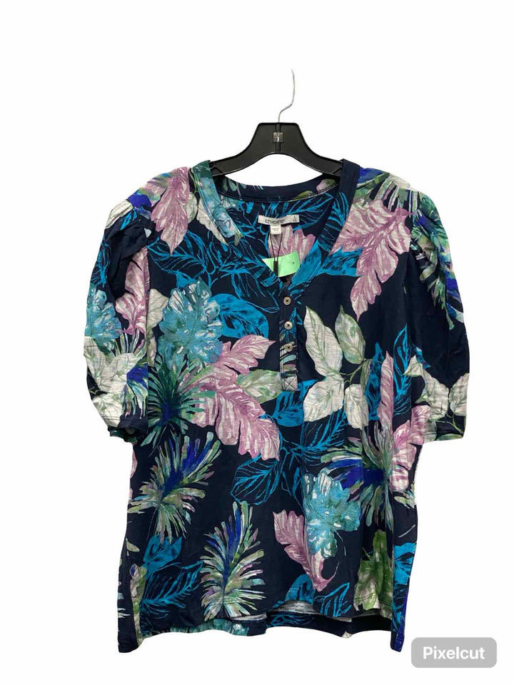Chico's Size XXL Blue Purple Leafy Short Sleeve Shirts