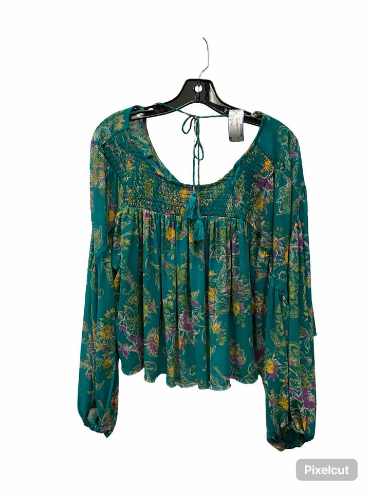 Free People Size S Green Floral Long Sleeve Shirts